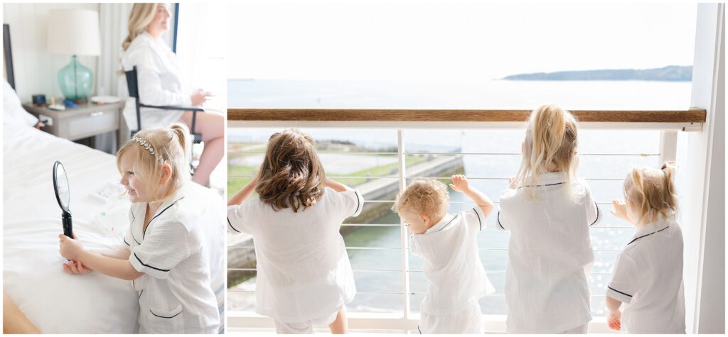 Flower girls looking over balcony in matching pajamas
