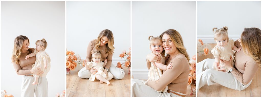 in studio family session, mother and daughter 