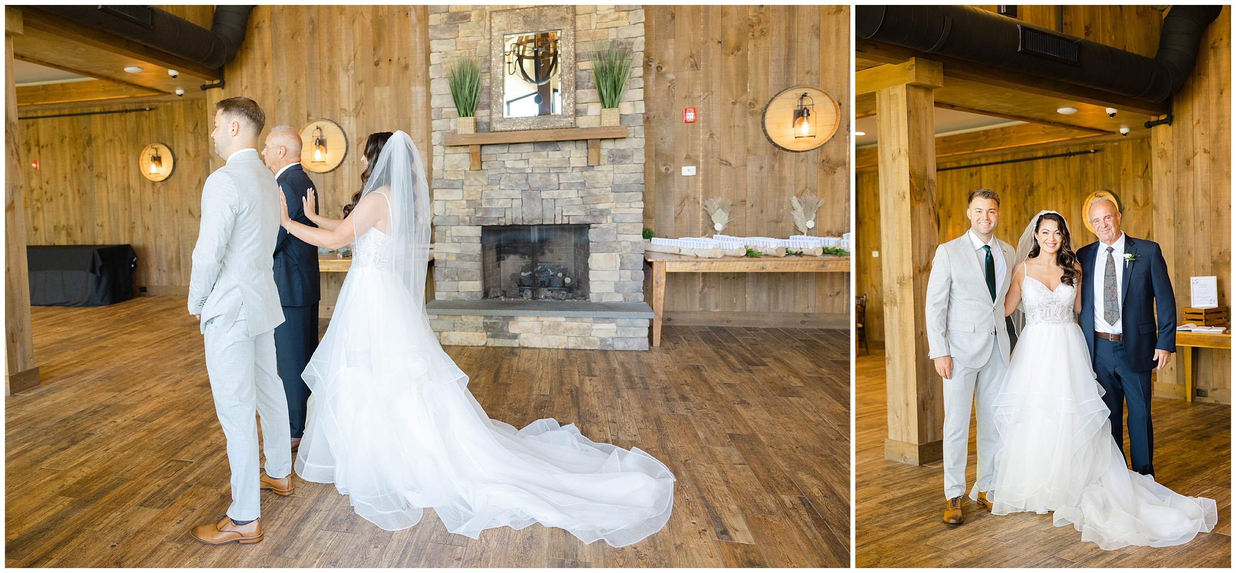 Spring wedding at birchwood vineyards first look bride with dad and brother
