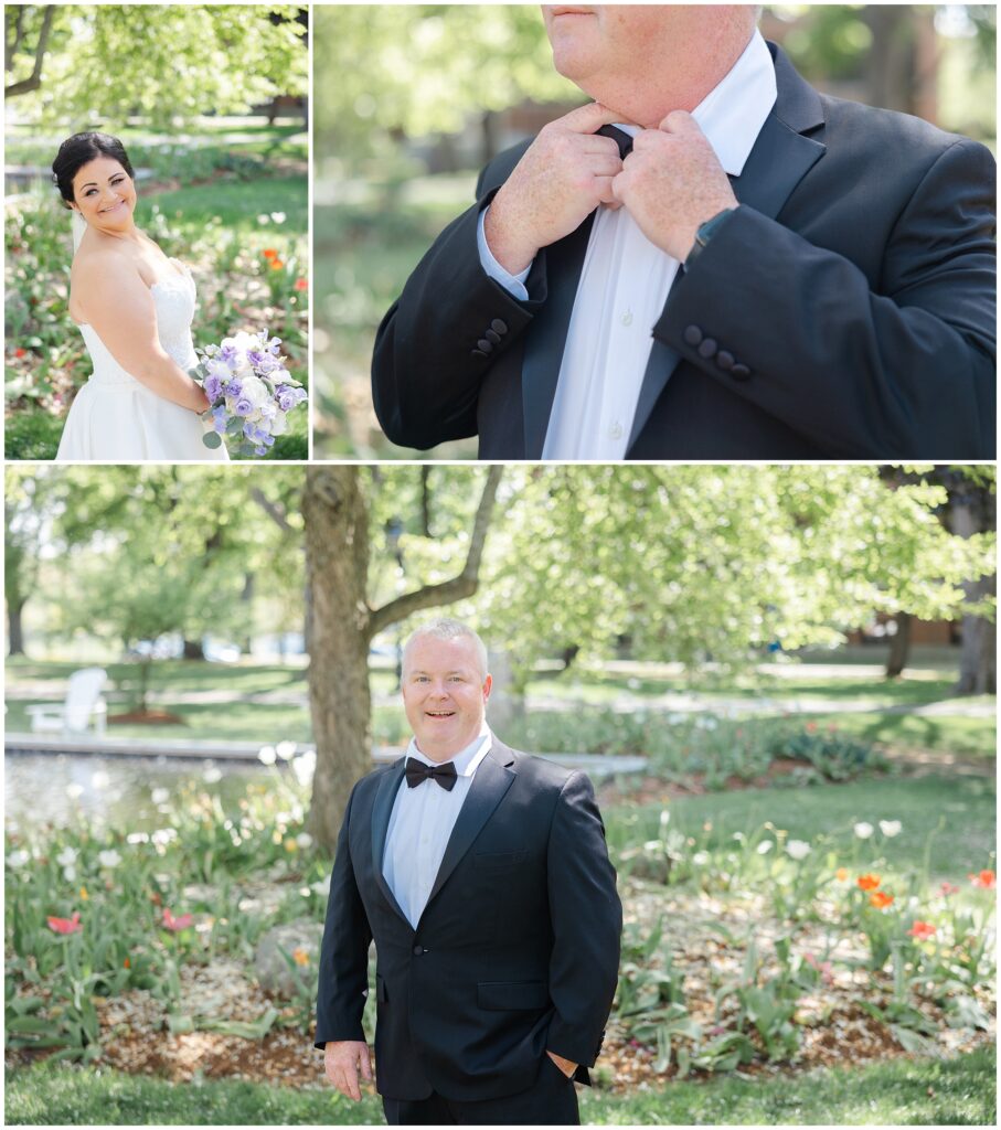 bride and groom at merrimack college in Spring blooms 