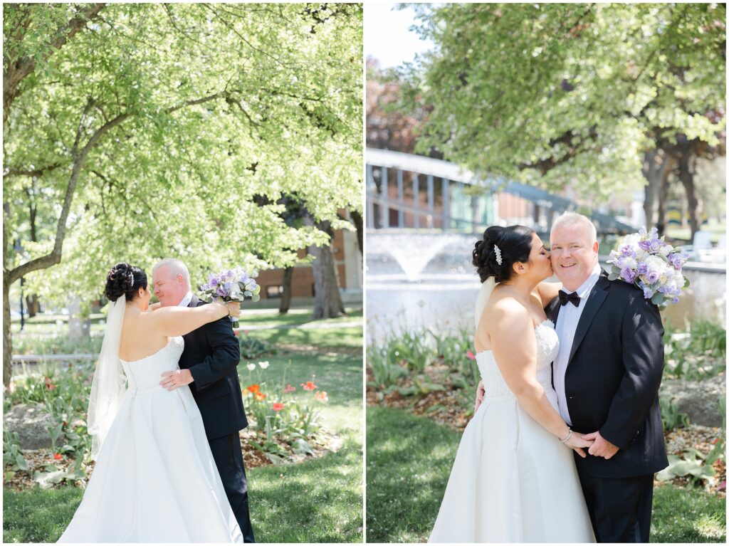 bride and groom at merrimack college in Spring blooms 