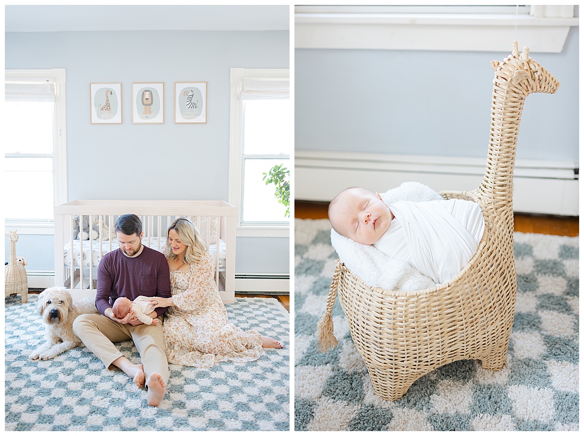 Newborn in Giraffe shaped storage basket from Pottery Barn 